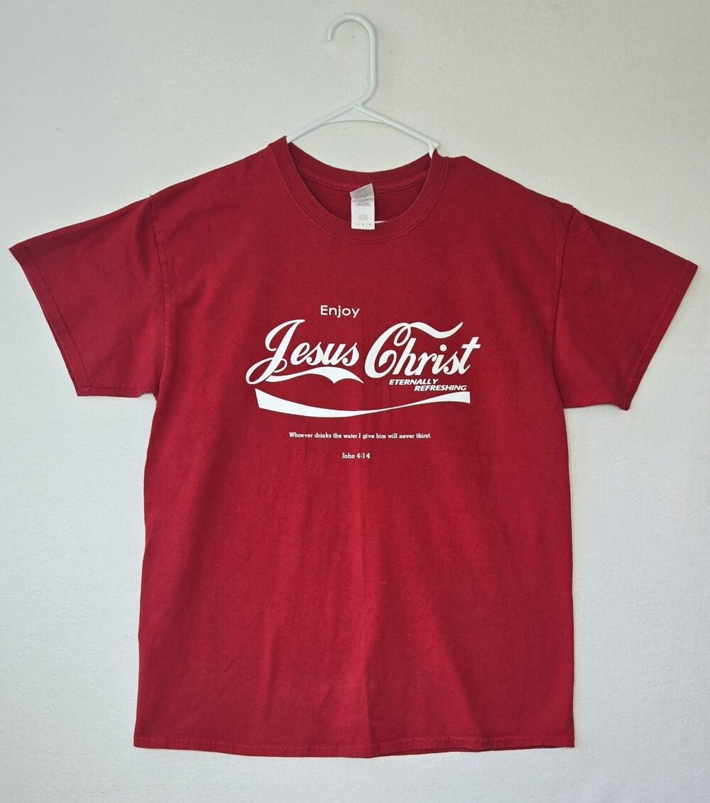 Vtg Gildan Enjoy Jesus Christ Coca Cola Classic Shirt Mens Sz Large John 4:14